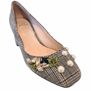 J Crew Celia Pump Glen Plaid Bejeweled Block Heel Pump Grandma Shoe Retro 6.5